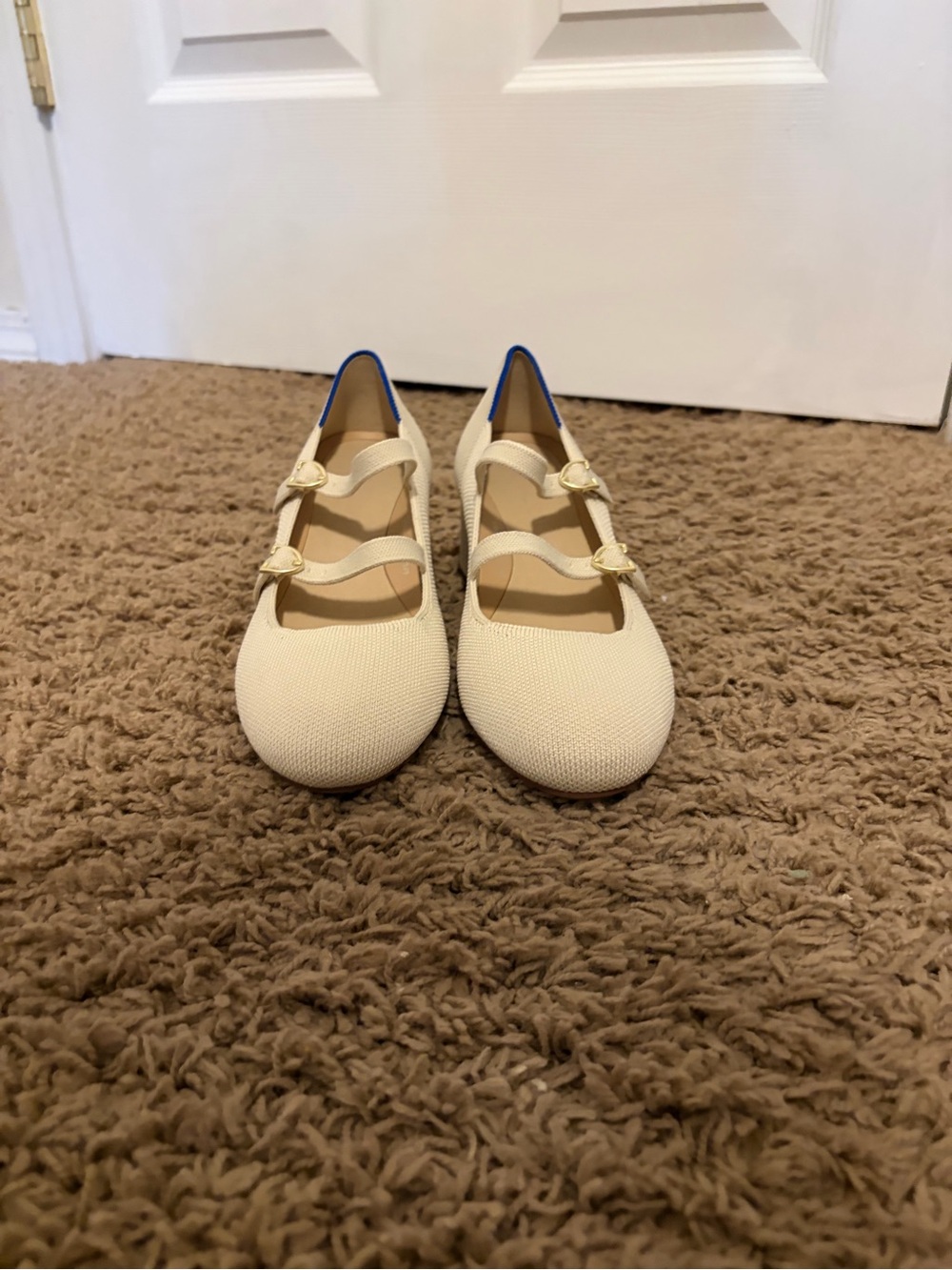 Rothy's Cream Double-Strap Mary Jane Flats with Gold Buckles